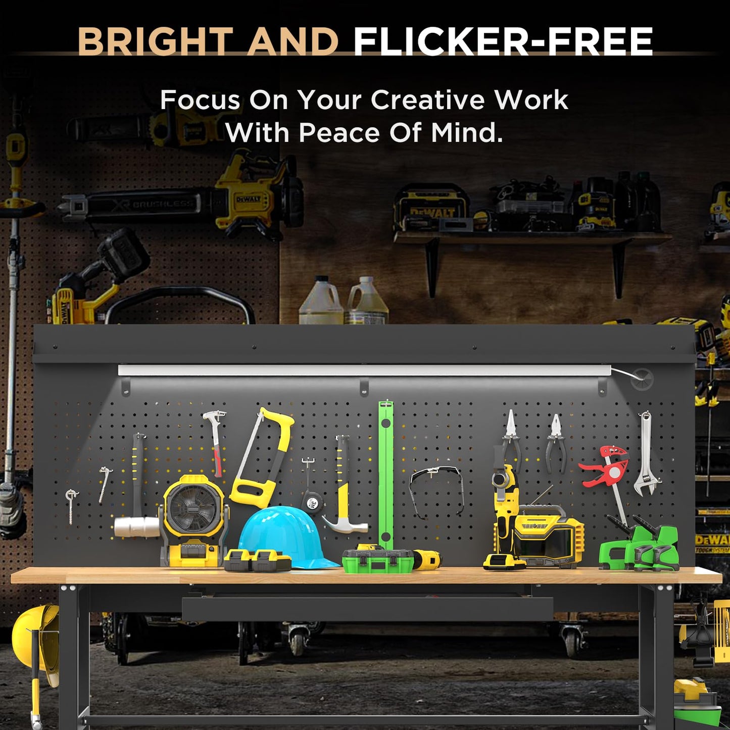 KEIKI 60 Inch Rolling Workbench with Wheels and Pegboard, Solid Wood Top Heavy Duty Steel Frame Garage Work Table with Drawers and LED Light, 2000 lbs Capacity, Adjustable Height, Black