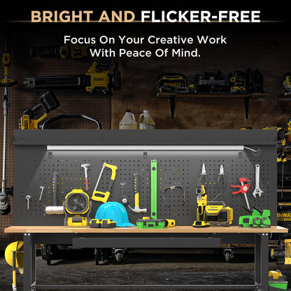 KEIKI 60 Inch Rolling Workbench with Wheels and Pegboard, Solid Wood Top Heavy Duty Steel Frame Garage Work Table with Drawers and LED Light, 2000 lbs Capacity, Adjustable Height, Black