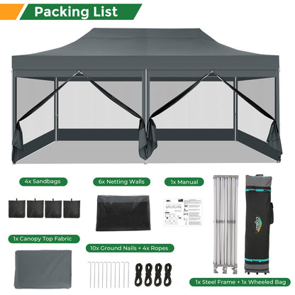 COBIZI 10x20 Heavy Duty Pop Up Canopy Tent with 6 Sidewalls, Easy Set Up Outdoor Waterproof Screen Commercial Party Tent with Mosquito Netting for Parties Backyard Patio, Roller Bag, Gray