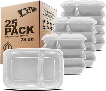 Freshware Meal Prep Containers - 25 Pack 2-Compartment Bento Boxes | BPA-Free, Stackable, Microwave Safe (28 oz) - Grey
