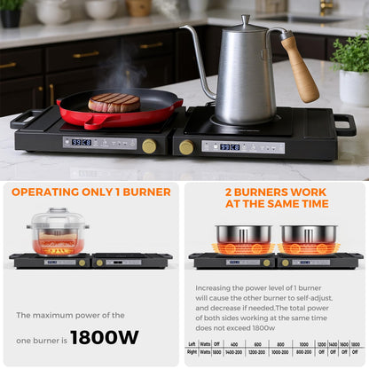 MOMOKOVA Double Induction Cooktop, 1800W Portable Dual Burner with 8 Power Levels, Sensor Touch Control & 99-Min Timer, Fold-n-Store Design for RV, Small Kitchen & Outdoor Cooking (black)