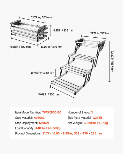 VEVOR RV Steps, 3-Step, 440 lbs Load Capacity, Manual Retractable RV Stairs, Telescopic Folding Aluminum Alloy Camper Steps, Steel Frame Non-Slip Entry Stairs for Camper Van Motorhome Travel Trailer