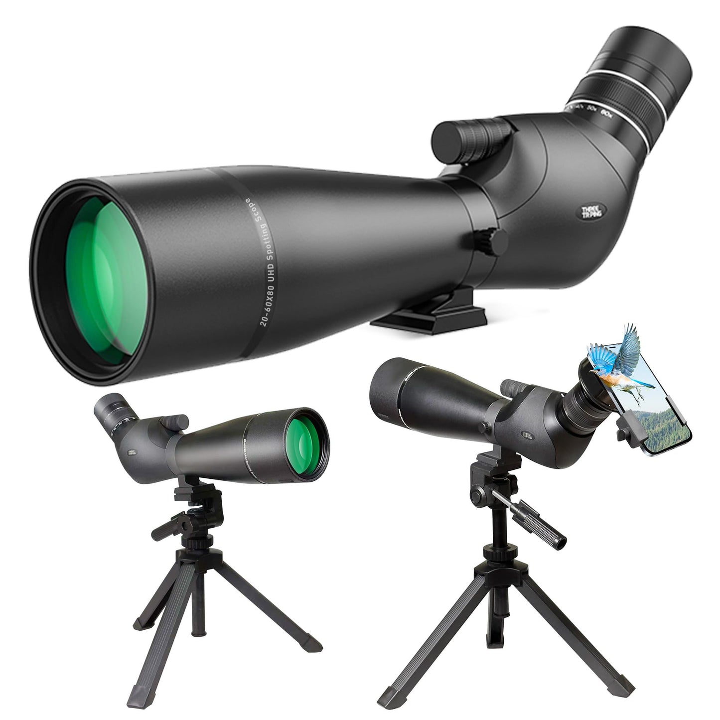 Spotting Scope 20-60x80, Dual Focusing ED Spotting Scopes, FMC Lens, BAK4 Ultra High Definition Spotter Scope with Tripod, Phone Holder, Carrying Bag