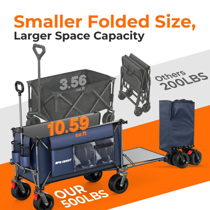Aimnny 55" Collapsible Wagon with Tailgate & Brakes - 500LBS Heavy Duty Multi-Terrain Cart, 300L Foldable Utility Wagon with Cup Holders & Side Pockets for Beach Sand Camping Sports Shopping (Blue)