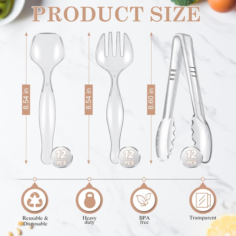 Mwellewm 36Pcs Serving Utensils Large Plastic Serving Utensils Set Serving Spoons for Buffet Clear Disposable Plastic Tongs 8.5'' Heavy Duty Slotted Spoons/Forks Supplies for Party Food Salad Soup