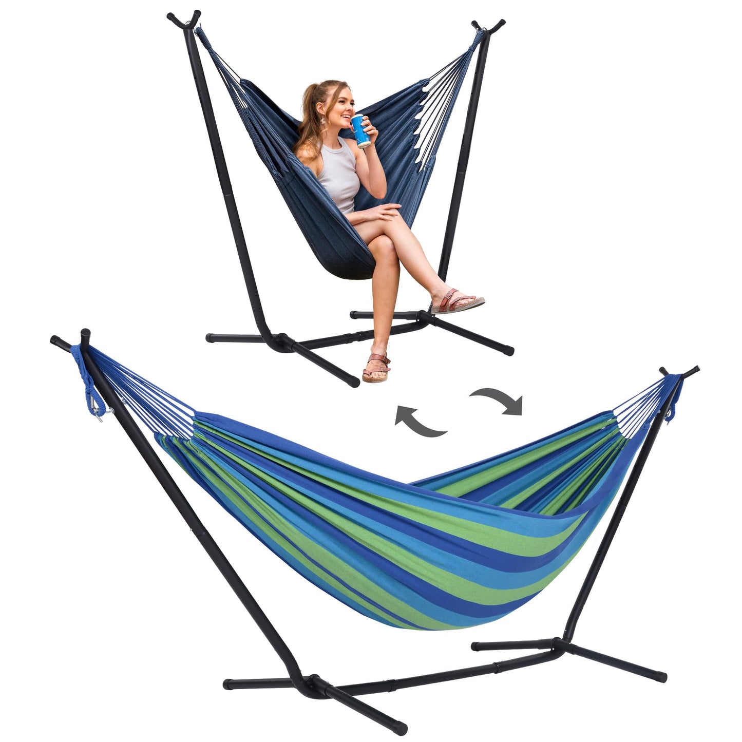 SUNCREAT 2-in-1 Hammocks Hammock Chair with Stand, 475 lbs Capacity, Heavy Duty Two Person Hammock with Stand, Patented, Blue Stripe