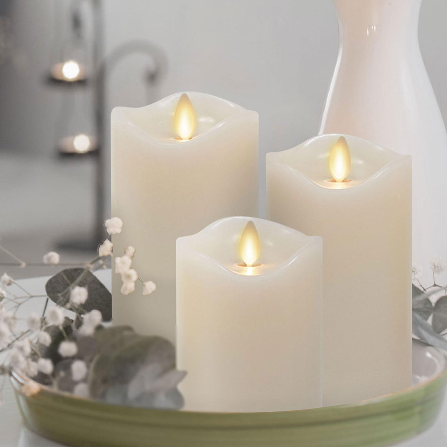 Matchless Candle Co. by Luminara Set of 3 Flameless LED Flickering Moving Flame Pillars (3" x 4.5", 5.5", 6.5"), Melted Unscented Real Wax Edge w/ Smooth Finish, AA Battery Operated, Pearl Ivory