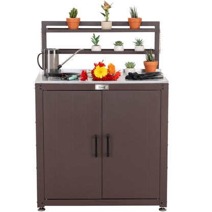 Feasto Outdoor Potting Bench Table with Storage Cabinet, Stainless Steel Garden Workstation, Raised-Edge Top, Adjustable Shelf & Removable Hutch for Patio, Balcony & Outdoor Workspace, Brown