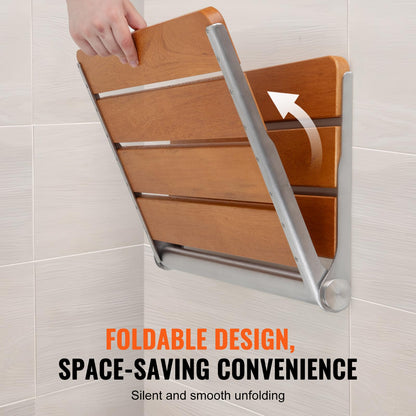 VEVOR Folding Teak Shower Seat, 20.9 x 16'' Unfolded, Wall Mounted Fold Up Shower Bench with 500 lbs Load Capacity, Space Saving Home Care Fold Down Shower Chair, for Seniors Pregnant Women Children