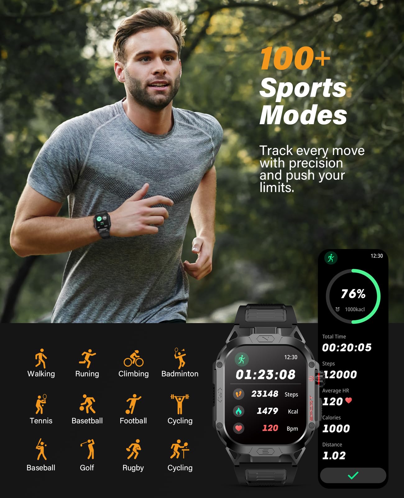 SOUYIE Military Smart Watch for Men Answer/Make Call, 2.02" Outdoor Sport Smartwatch with Flashlight, Heart Rate Blood oxygen Blood Pressure Sleep, 100+ Sport Modes Fitness Tracker for Android and iOS