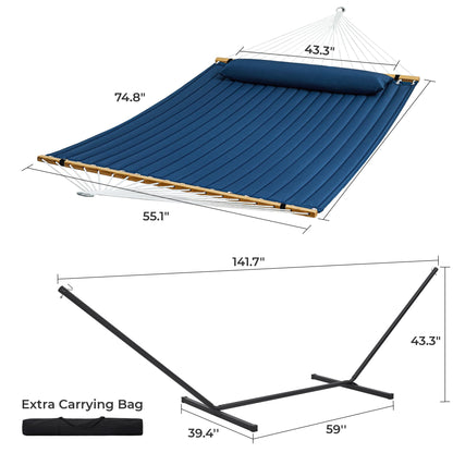 SUPERJARE Hammock with Stand, 2 Person Quilted Outdoor Hammock, Detachable Pillow & Bamboo Spreaders, Portable Hammock with Carrying Bag, Heavy Duty Stand, Perfect for Outside, Patio, Navy Blue