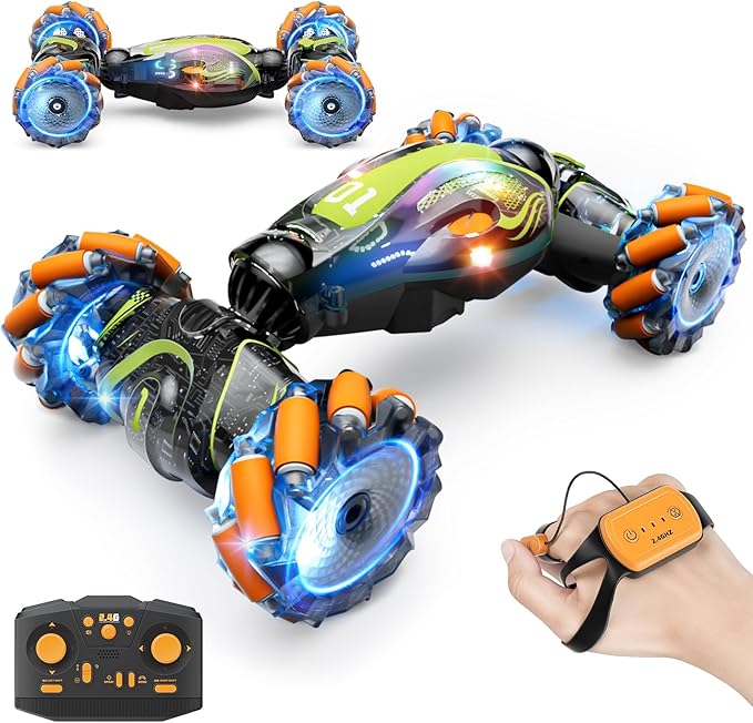 Gigilli Gesture Sensing RC Stunt Car with Spray Music Lights Remote Control Car Boys Toys Age 5-7 6-8 9 10 11 12 Birthday Easter Gifts Boys for Kids Grandkids Ages 4 7 13 Years Old 4WD Twist Drift