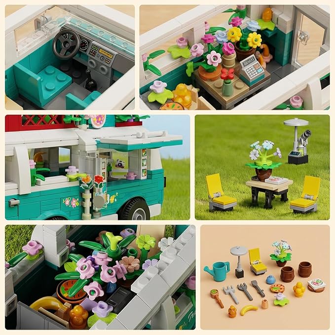 Flower Camper Van Building Set 862 Piece Botanical Travel Bus with Opening Side Cabin Outdoor Table Chairs Creative Gift for Teens Adults Home Decor STEM Educational Assembly Building