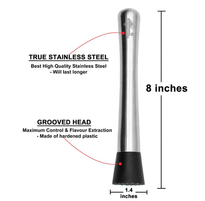Kitchen Rest Muddler for Cocktails - 8inch Long 1pc 304 Stainless Steel Fruit Crusher - Bar Tools for Home for Making Mojito Mix and Other Fruit Drinks (8 Inch)
