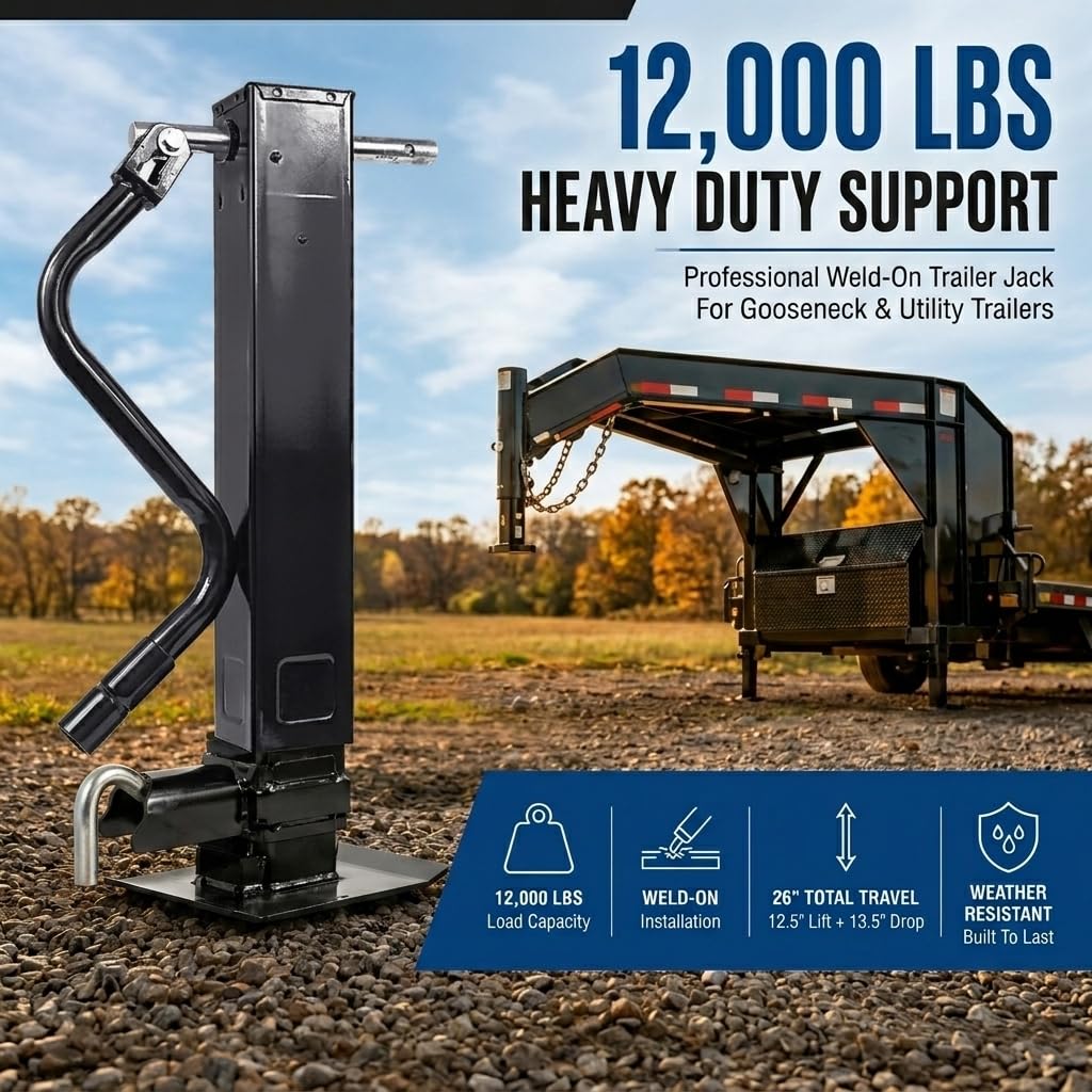 12000 LBS Weld-On Trailer Jack, 4" Square Tube, 26" Travel (12.5" Lift + 13.5" Drop Leg), Side Pull Pin Side Wind, Heavy Duty Jack Stand for Gooseneck Utility Trailers, Black Powder Coated