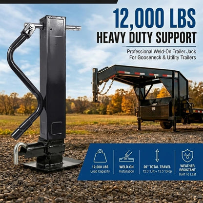 12000 LBS Weld-On Trailer Jack, 4" Square Tube, 26" Travel (12.5" Lift + 13.5" Drop Leg), Side Pull Pin Side Wind, Heavy Duty Jack Stand for Gooseneck Utility Trailers, Black Powder Coated