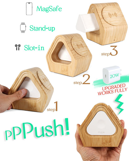 Bamboo Wireless Charging Station for Apple: 3-in-1 Charger Stand with Cabin Style for iPhone 17 16 15 14 13 12 Series,Watch 11-2, SE, Ultra, and AirPods 4-2, Pro, MagSafe Wireless Charger(20W Adapter)