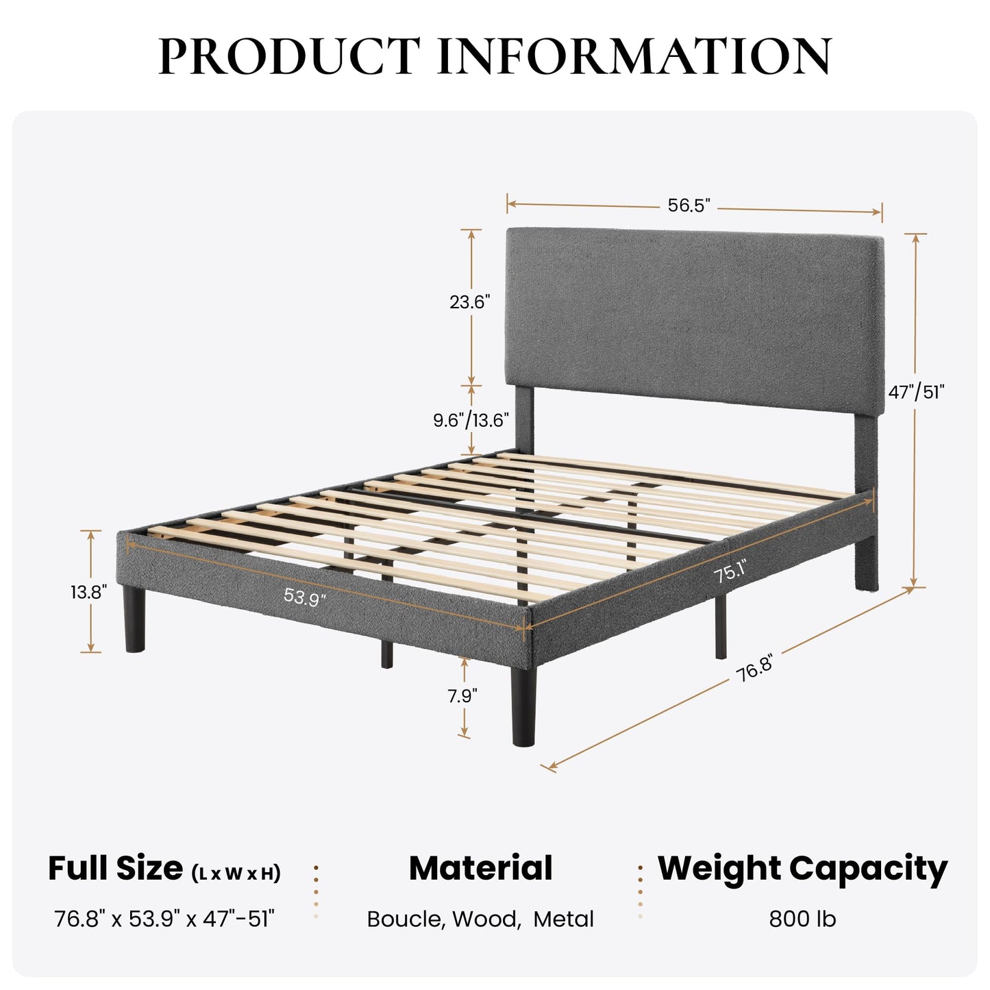SHA CERLIN Full Size Platform Bed Frame with Adjustable Headboard and Wooden Slats Support, Boucle Upholstered Mattress Foundation, No Box Spring Needed, Easy Assembly, Dark Grey