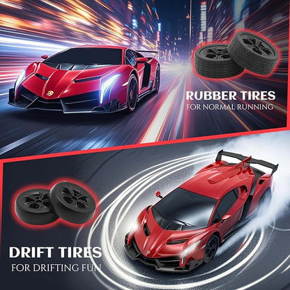 QUN XING Remote Control Car 1:24 Officially Licensed Lambo veneno RC Drift Car with LED Lights 2.4GHz 4WD 15KM/H Fast Speed Control Rechargeable Battery 800mah Birthday for Kids Boys 8-12red