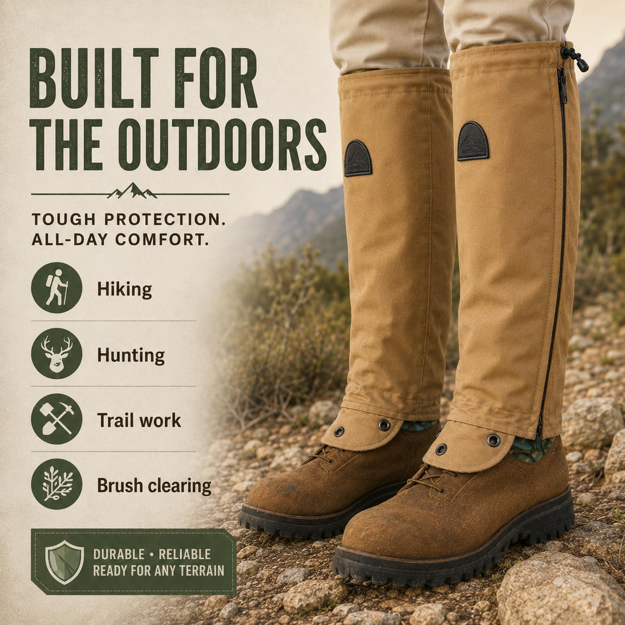 TurtleSkin Snake Gaiters, Lightweight & Waterproof Snake Guards for Men & Women, Durable Reversible Snake Chaps for Hunting,Tactical & Survival Gear – Camo/Khaki
