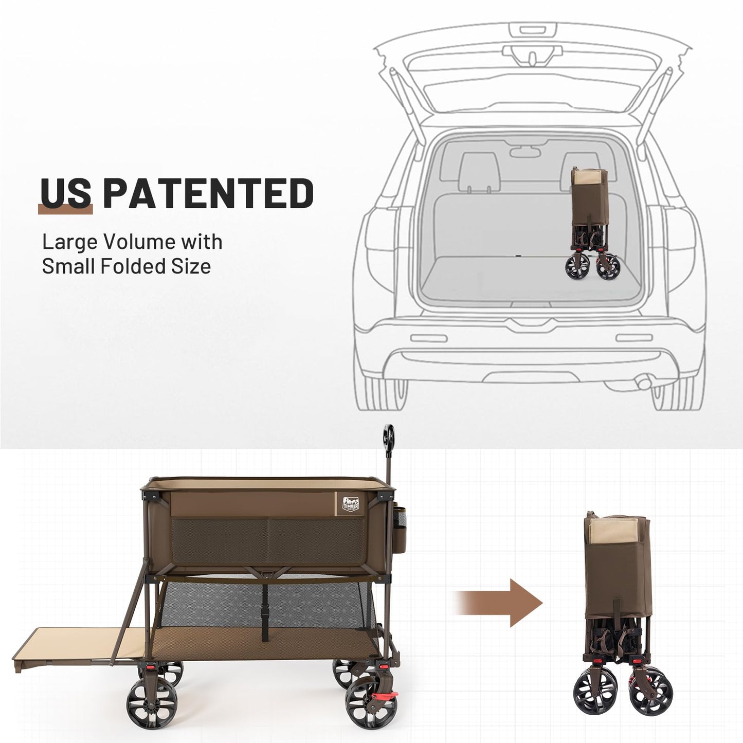 TIMBER RIDGE 400L Large Capacity Folding Double Decker Wagon with Brakes, 54" Extra Long Extender Wagon Cart, 450lbs Heavy Duty Collapsible Cart, All-Terrain Big Wheels for Camping, Sports, Shopping