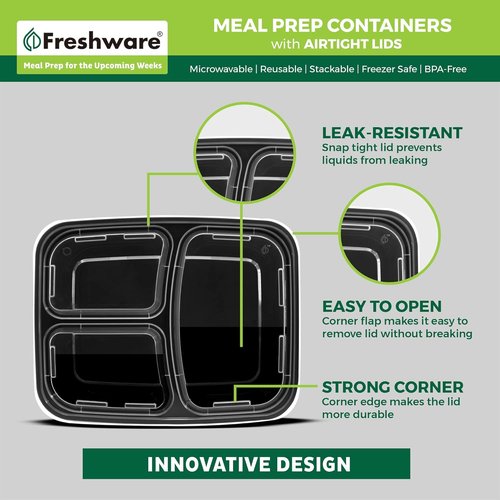 Freshware Meal Prep Containers - 21 Pack | 3 Compartment Bento Box, BPA Free, Microwave & Dishwasher Safe (24 oz)