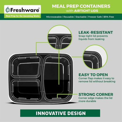 Freshware Meal Prep Containers - 21 Pack | 3 Compartment Bento Box, BPA Free, Microwave & Dishwasher Safe (24 oz)