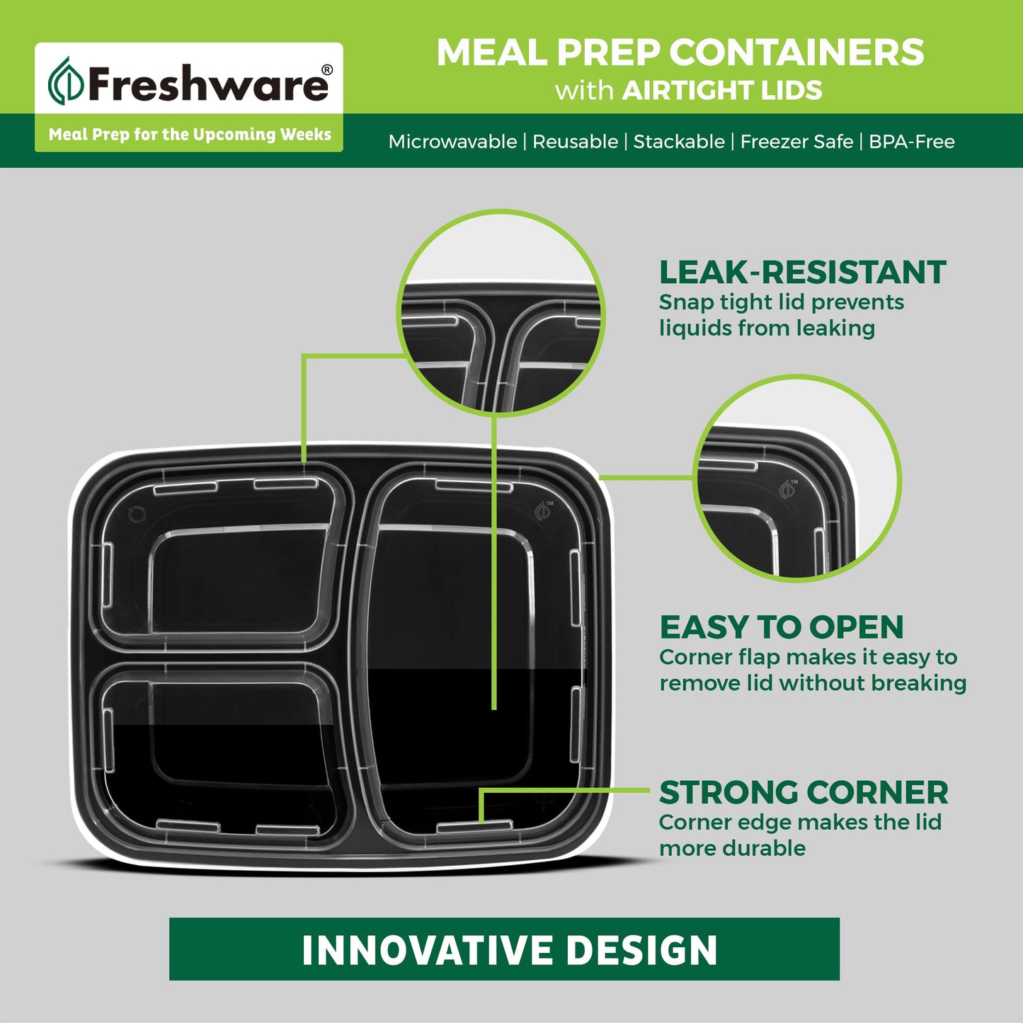 Freshware Meal Prep Containers 50 Count, 3 Compartment Food Storage Containers with Lids, Bento Box, BPA Free, Stackable, Microwave/Dishwasher/Freezer Safe (24 oz) (Pack of 6)