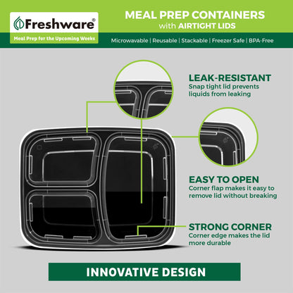 Freshware Meal Prep Containers 50 Count, 3 Compartment Food Storage Containers with Lids, Bento Box, BPA Free, Stackable, Microwave/Dishwasher/Freezer Safe (24 oz) (Pack of 6)