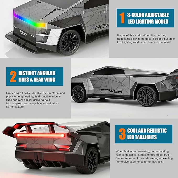 Remote Control Car/RC Truck – 2.4 GHz All-Terrain Cyber Vehicles with One-Touch Demo and Three Adjustable LED Light Effects Off-Road Pick-Up Hobby Monster Truck Toys Gifts for Boys/Girls Aged 3+