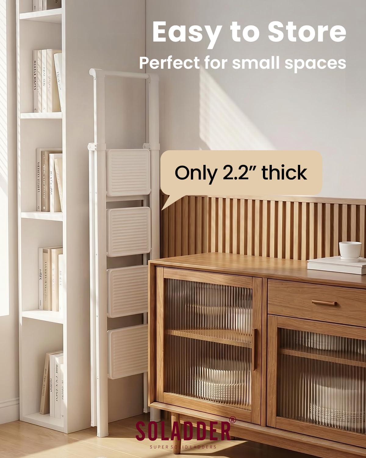 SOLADDER 4 Step Ladder with Handrails, Anti-Slip and Foldable Step Stool with Widen Pedals, Portable Stepladders for Home, Kitchen and Indoor, Space Saving, Iron Material, 300lbs, White