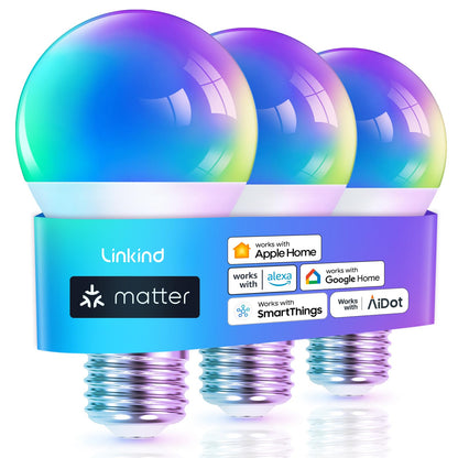 Linkind Matter Smart Light Bulb, Smart Bulbs Work with Apple Home, Siri, Alexa, Google Home, SmartThings, Color Changing Light Bulbs Music Sync RGBTW, Mood Lights, 2.4Ghz WiFi A19 E26 60W 800LM 6 Pack