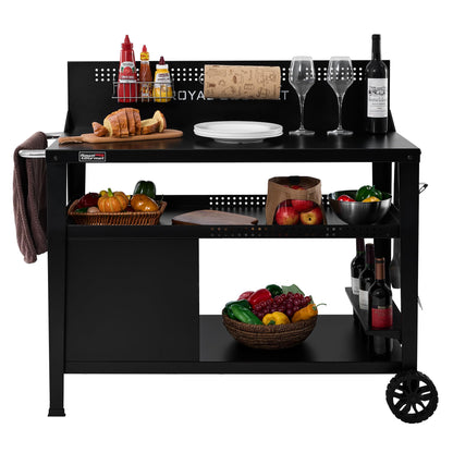 Royal Gourmet PC4401B 3-Tier Dining Cart with Wind Guard, Sturdy Structure and Ample Storage Shelves, for Indoor & Outdoor use，with Bottle Opener, Hooks, Wine Rack, Multifunctional Side Handle, Black