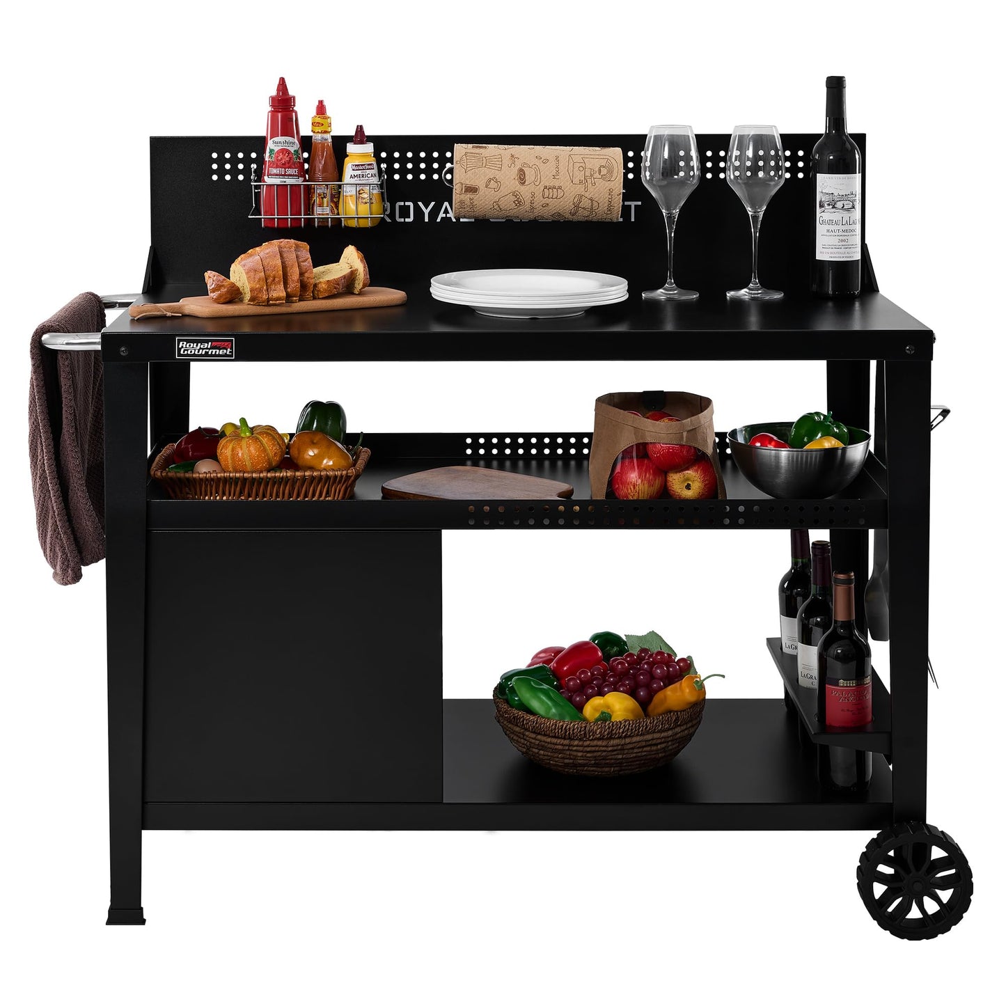 Royal Gourmet PC4401B 3-Tier Dining Cart with Wind Guard, Sturdy Structure and Ample Storage Shelves, for Indoor & Outdoor use，with Bottle Opener, Hooks, Wine Rack, Multifunctional Side Handle, Black