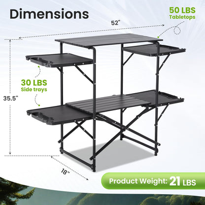 Foristrail Slim-Fold Camping Kitchen Table, Metal Folding Portable Outdoor Cook Station with 4 Side Tables, 2 Storage Shelves & Carrying Bag, Heat Resistant Quick Set-Up for Picnic BBQ