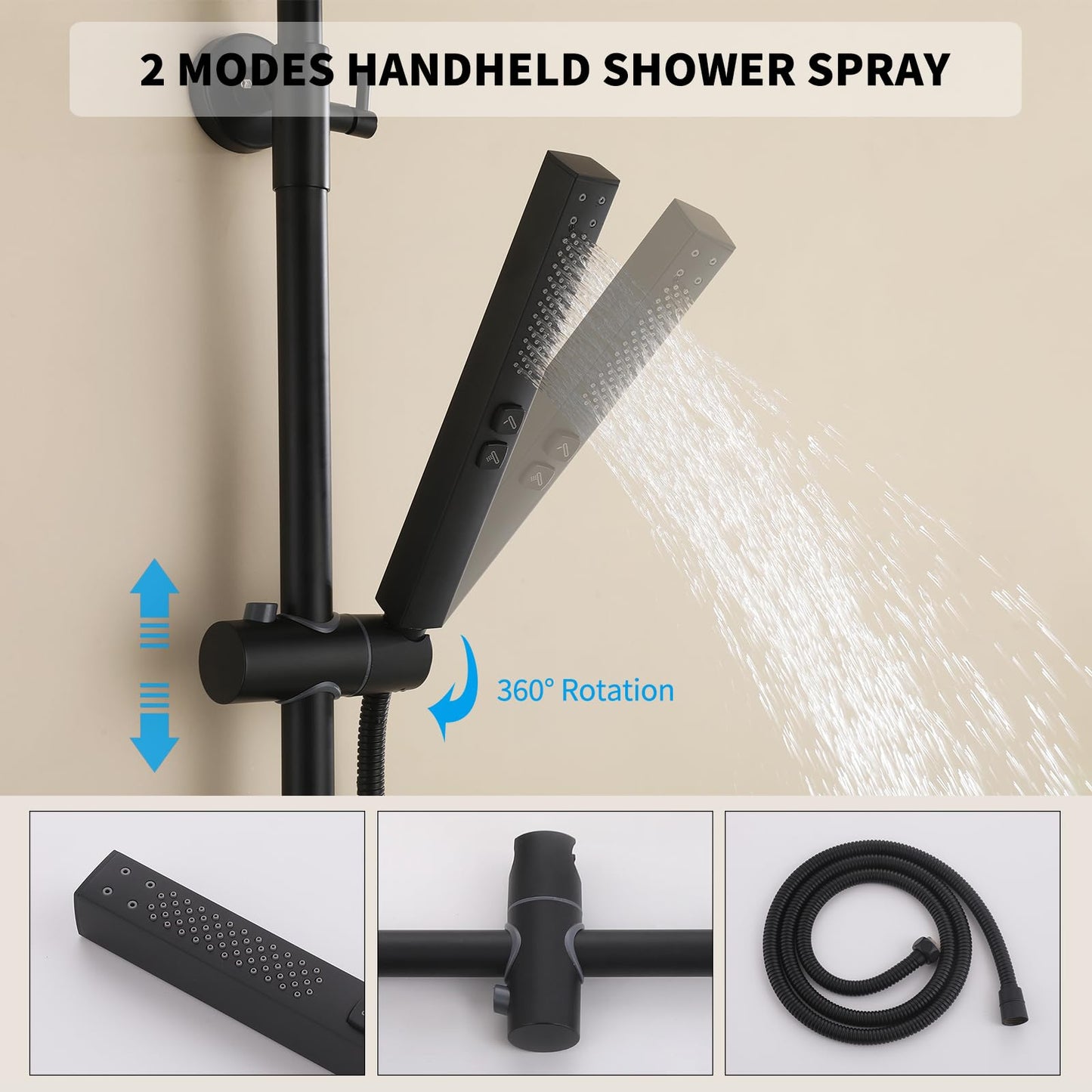 HANJAI Exposed Shower System 10" Matte Black Rainfall Shower Head with 2 Modes Handheld and Tub Faucet Set, Square Shower Head 3 Functions Outdoor Shower Fixtures with Brass Valve, Height Adjustable