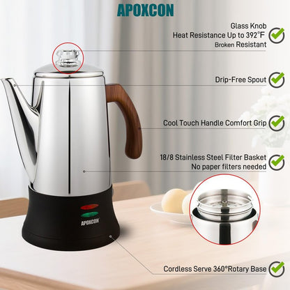APOXCON Electric Coffee Percolator Stainless Steel Coffee Maker with Two Heat Resistant Glass Knob & Treated Solid Wood Handle Keep Warm Cordless Serve Elegant Design Coffee Pot On/OFF Switch 8 Cup