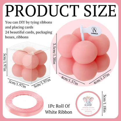 MTLEE 24 Sets Elephant Baby Shower Candle Favors Small Bubble Candle Baby Shower Favors for Guests Tea Candles Bulk with Stylish Ribbons Cards Gifts Party Decoration(Pink,Elephant)