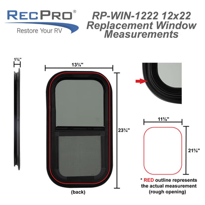 RecPro RV Window Replacement | Teardrop Style | 12inW x 22inH | Black | Model RP-WIN