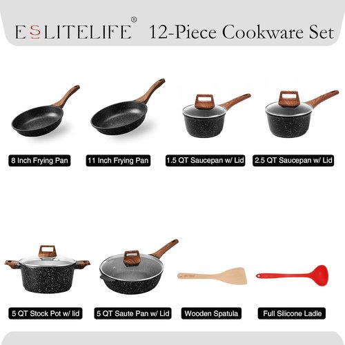 ESLITE LIFE Nonstick Cookware Set - 12 Pcs Granite Coating Pots & Pans | PFOA Free, Black, All Stovetops Compatible