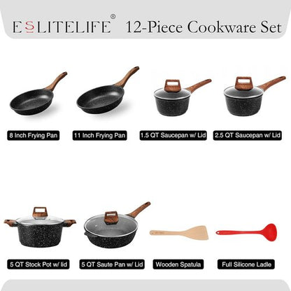 ESLITE LIFE Nonstick Cookware Set - 12 Pcs Granite Coating Pots & Pans | PFOA Free, Black, All Stovetops Compatible