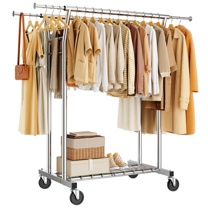 HYSEYY Heavy Duty Clothes Rack, Rolling Clothing Rack for Hanging Clothes with Shelves Load 700LBS,Portable Garment Wardrobe Closet Rack with Wheels for Bedroom,Laundry Room,Retail Store,Silver