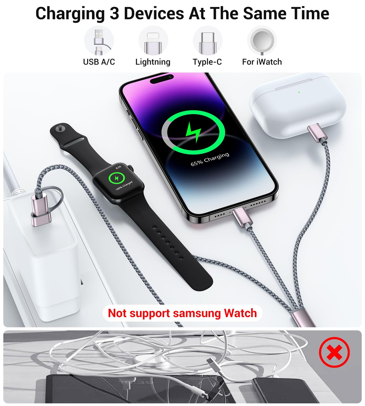 Temdan for Travel Essentials,3 in 2 USB C Cable for Apple Watch Charger/iPhone 16 Charger/Lightning,Multi Charging Cable Cord,Vacation Camping Essentials,Portable Designed for iWatch &iPhone 16-12-4FT