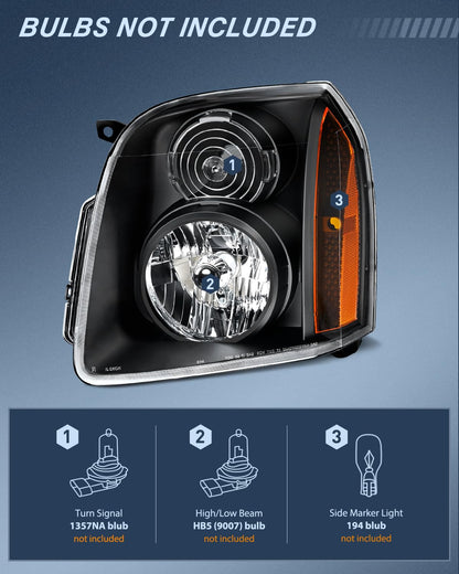 Nilight Headlight Assembly Compatible with 2007 2008 2009 2010 2011 2012 2013 2014 GMC Yukon Halogen Type Factory OE Style Replacement Black Housing Amber Reflector Passenger and Driver Side