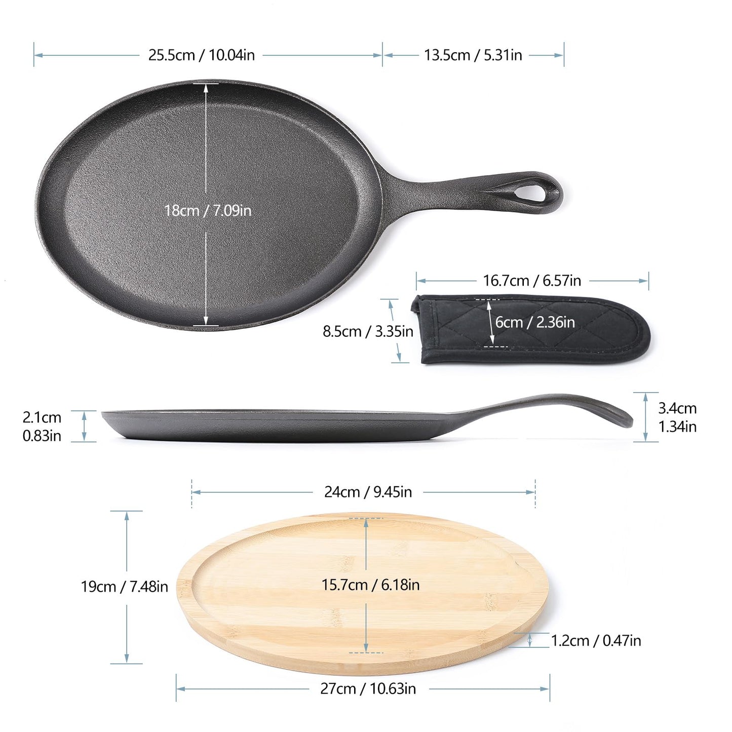 HAWOK Cast Iron Fajita Plate, 15.35''Lx7.09''W, with Bamboo Tray and Handle Holder, Pre-seasoned, Set of 12