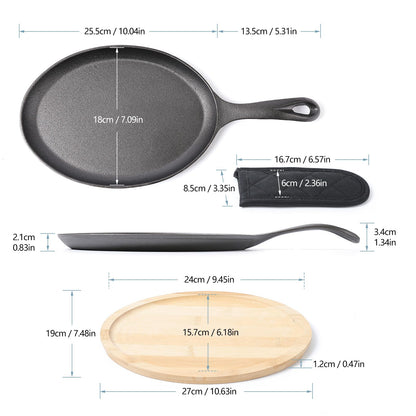 HAWOK Cast Iron Fajita Plate, 15.35''Lx7.09''W, with Bamboo Tray and Handle Holder, Pre-seasoned, Set of 12