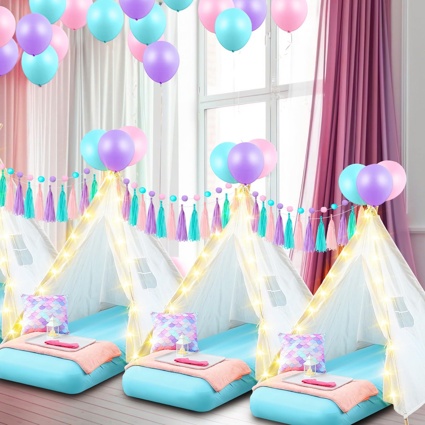 Windyun 4 Pack Mermaid Teepee Tent for Kids with Inflatable Airbed, String Light Fitted Sheet Mermaid Pillow Washable Toddler Indoor Play Tent for Girls Boys Sleepover Slumber Party