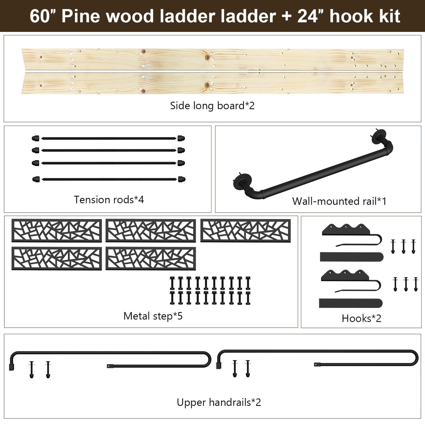 LKCBITION 60inch Knotty Pine Wood Library Ladder with Black Metal Step and Handle, Includes 24inch Rustic Black Wall Mount Pipe Railing with Hooks(Suitable Installation Height 58-3/4")