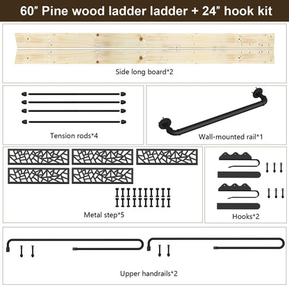 LKCBITION 60inch Knotty Pine Wood Library Ladder with Black Metal Step and Handle, Includes 24inch Rustic Black Wall Mount Pipe Railing with Hooks(Suitable Installation Height 58-3/4")