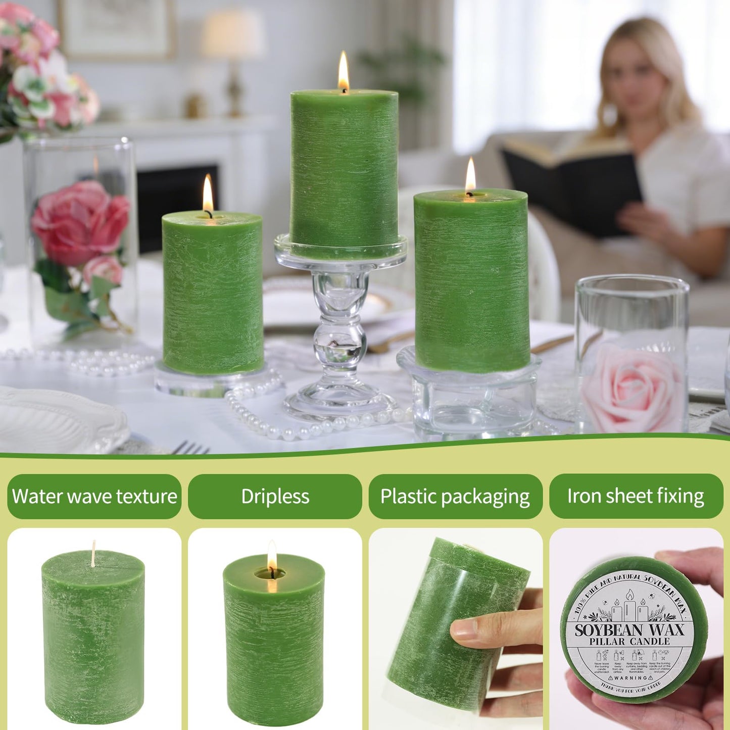 6 Pack Moss Green Soy Pillar Candles, 2.8x4in - 330H Total Burn Time - Rustic Textured Natural Wax - Non-Toxic, Dripless & Smokeless Hand-Poured Candles for Spring Home Decor, Dinner Table, Wedding